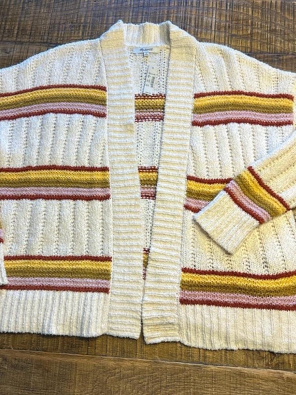 Madewell Cream Open-Front Knit Cardigan with Yellow and Rust Stripes